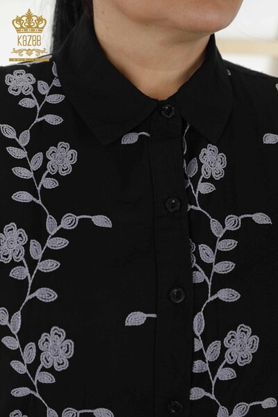Cămașă de damă cu ridicata - brodat floral - negru - 20354 | KAZEE - Thumbnail