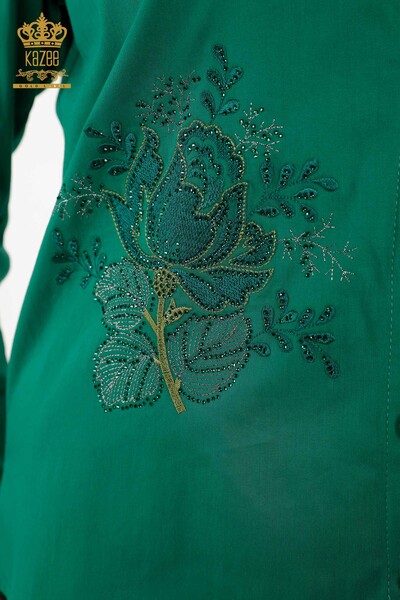 Cămașă cu ridicata pentru femei - Cu model trandafir - verde - 20243 | KAZEE - Thumbnail