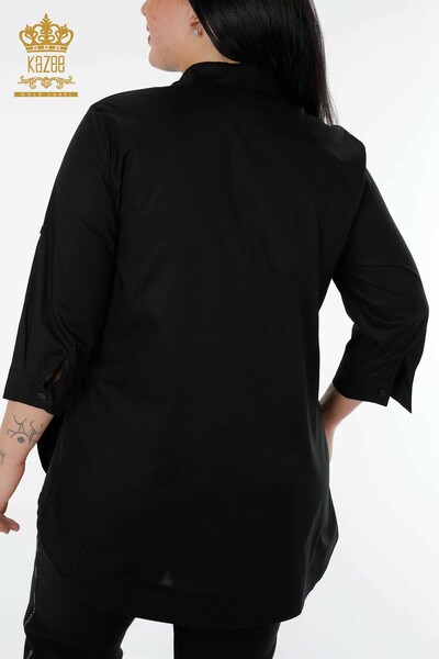 Cămașă cu ridicata pentru femei - cu jumătate de nasturi - neagră - 20130 | KAZEE - Thumbnail
