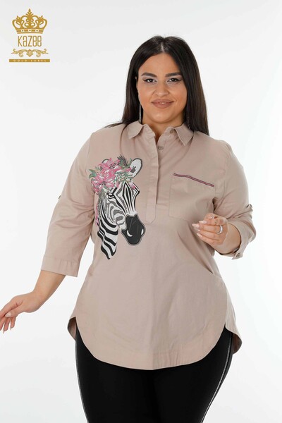 Cămașă cu ridicata pentru femei - Zebră Cu Motive de Flori - Bej - 20126 | KAZEE - Thumbnail