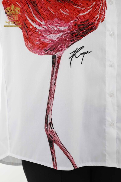 Cămașă cu ridicata pentru femei - Flamingo Detailed - Alb - 20375 | KAZEE - Thumbnail