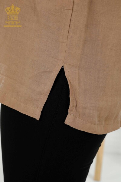 Cămașă cu ridicata pentru femei - mânecă - detaliată cu nasturi - bej - 20403 | KAZEE - Thumbnail