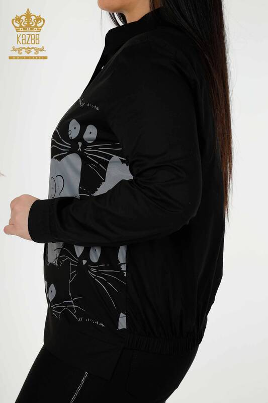 Cămașă cu ridicata pentru femei cu model pisica neagră - 20318 | KAZEE