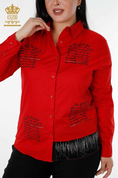 Cămașă cu ridicata pentru femei - Text Detaliat - Roșu - 20097 | KAZEE - Thumbnail