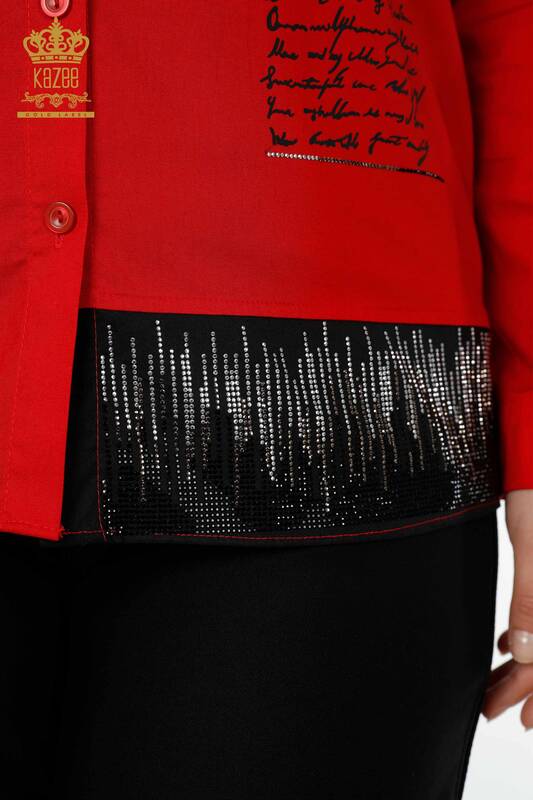 Cămașă cu ridicata pentru femei - Text Detaliat - Roșu - 20097 | KAZEE