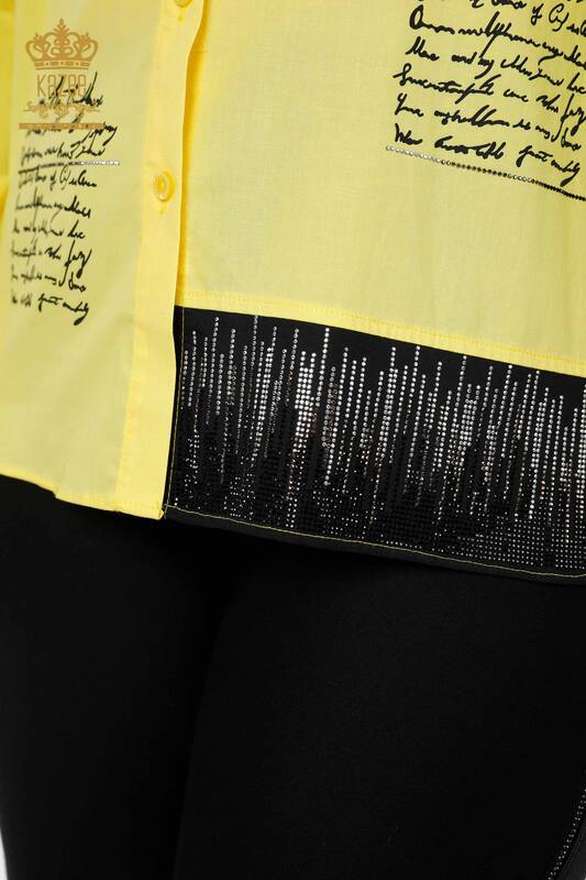 Cămașă cu ridicata pentru femei - Text Detaliat - Galben - 20097 | KAZEE