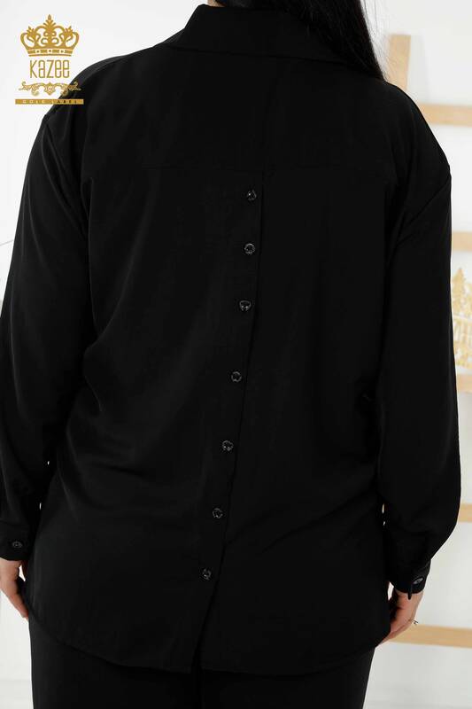 Set cămașă de damă cu ridicata Negru cu sigla detaliată cu nasturi din spate - 20320 | KAZEE