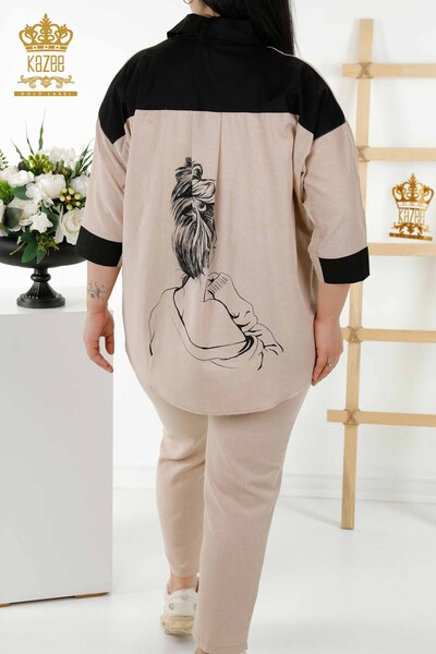 Set cămașă de damă cu ridicata cu buzunar bej - 20332 | KAZEE - Thumbnail