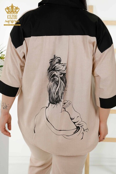 Set cămașă de damă cu ridicata cu buzunar bej - 20332 | KAZEE - Thumbnail