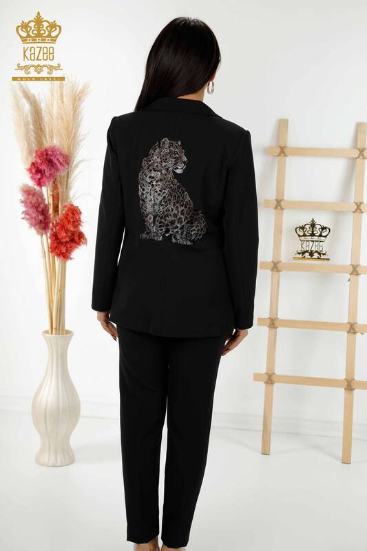 Comerț cu ridicata pentru damă, costum clasic, model tigru, cu nasturi, brodat cu piatră, negru - 30001 | KAZEE