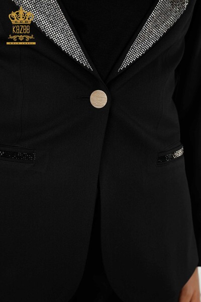 Costum de damă clasic negru cu nasturi brodați cu piatră - 30003 | KAZEE - Thumbnail