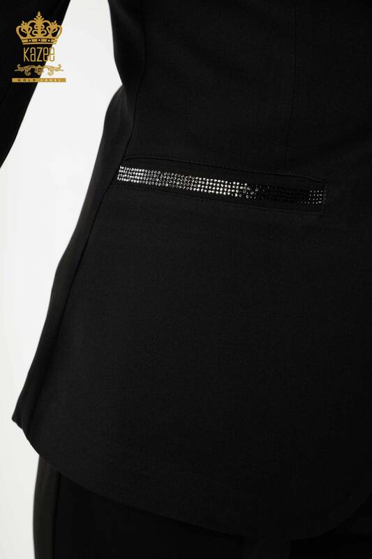 Costum de damă clasic negru cu nasturi brodați cu piatră - 30003 | KAZEE