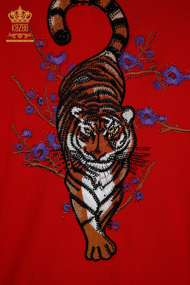 Set de trening cu ridicata pentru femei, broderie cu piatra, cu fermoar, roșu cu model leopard - 16662 | KAZEE - 15