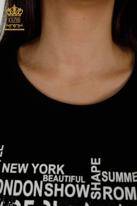 Set de trening pentru femei cu ridicata cu mânecă scurtă imprimată negru - 17206 | KAZEE