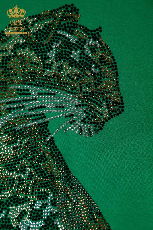 Set de trening cu ridicata pentru femei, cu model de leopard, cu glugă verde brodat cu piatră - 17580 | KAZEE