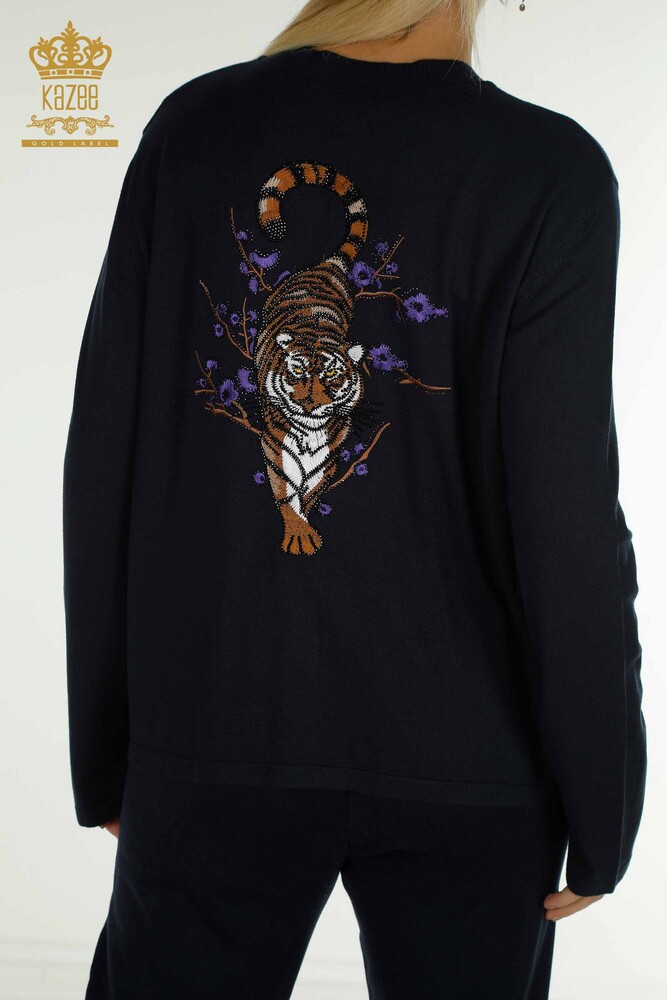 Set de trening pentru femei, cu ridicata, brodat cu piatra, cu fermoar, cu model leopard, bleumarin - 16662 | KAZEE - 14