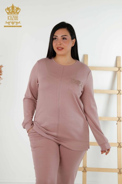 Set de trening pentru femei cu buzunare, trandafir brodat cu piatra - 20398 | KAZEE - 2