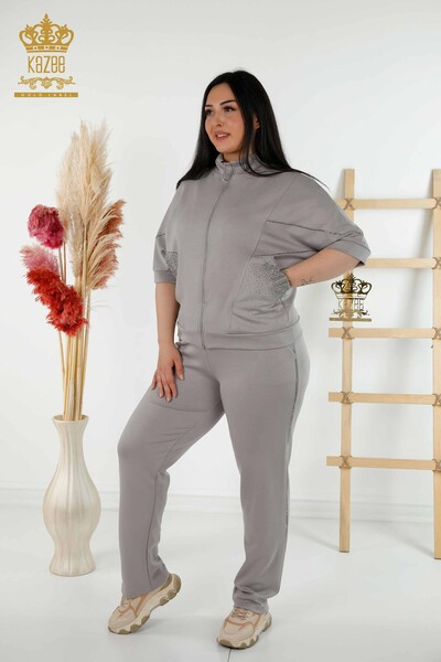 Set de trening pentru femei cu mânecă scurtă cu fermoar gri - 17547 | KAZEE 