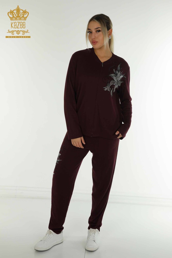 Set de trening cu ridicata pentru femei, cu modele florale, cu fermoar cu buzunare, prune - 16661 | KAZEE - 1