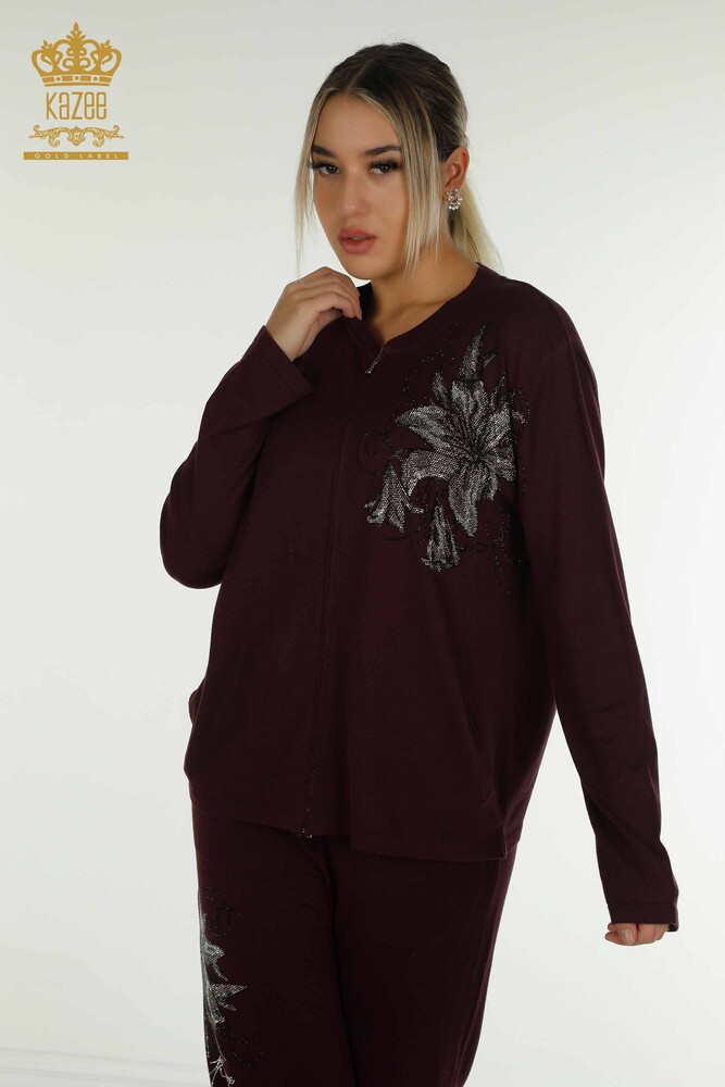 Set de trening cu ridicata pentru femei, cu modele florale, cu fermoar cu buzunare, prune - 16661 | KAZEE - 2