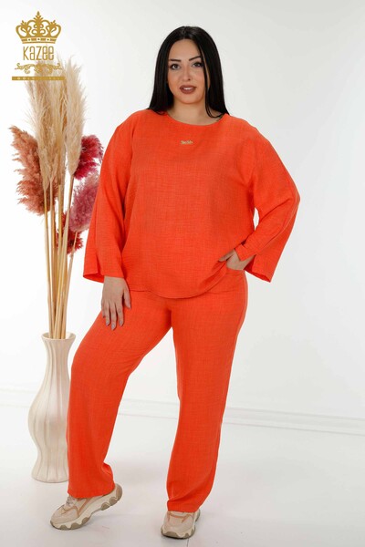 Costum de vară pentru femei cu buzunar și logo portocaliu - 20313 | KAZEE - Thumbnail