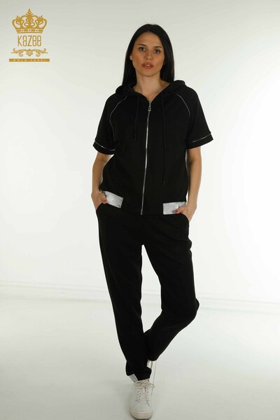 Set de trening en-gros pentru femei - Cu Piatra brodat - negru - 17638 | KAZEE - Kazee