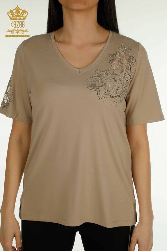 Bluză de damă cu ridicata - Brodate - Bej - 79883 | KAZEE