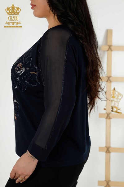 Bluză de damă cu ridicata cu piatră brodata bleumarin - 79084 | KAZEE - Thumbnail