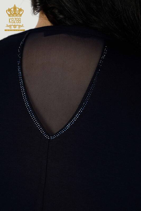 Bluză de damă cu ridicata cu piatră brodata bleumarin - 79084 | KAZEE