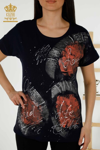 Bluză de damă cu ridicata cu piatră brodata bleumarin - 79115 | KAZEE - Thumbnail
