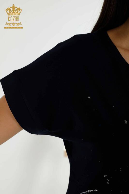 Bluză de damă cu ridicata cu piatră brodata bleumarin - 79115 | KAZEE