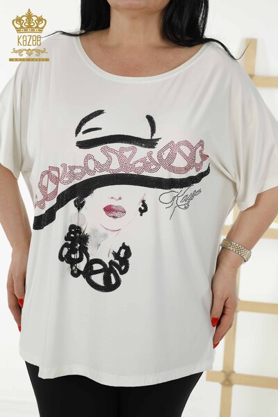 Bluză de damă cu ridicata cu piatră brodata Ecru - 77756 | KAZEE - Thumbnail