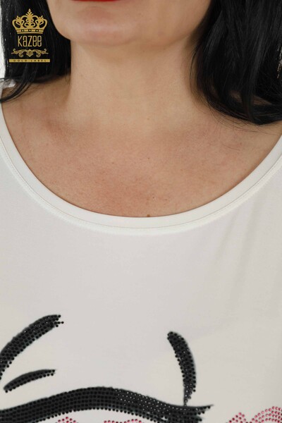 Bluză de damă cu ridicata cu piatră brodata Ecru - 77756 | KAZEE - Thumbnail