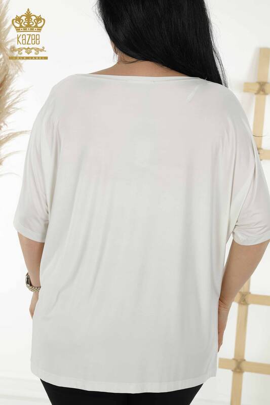 Bluză de damă cu ridicata cu piatră brodata Ecru - 77756 | KAZEE