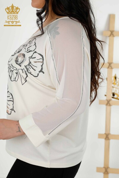 Bluză de damă cu ridicata cu piatră brodata Ecru - 79084 | KAZEE - Thumbnail