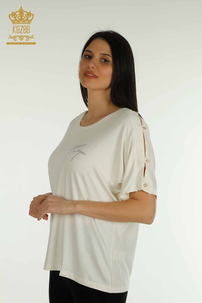 Bluză de damă cu ridicata cu piatră brodata Ecru - 79221 | KAZEE - Thumbnail