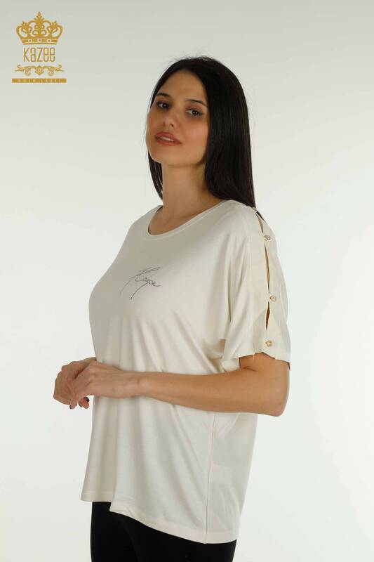 Bluză de damă cu ridicata cu piatră brodata Ecru - 79221 | KAZEE