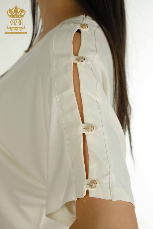 Bluză de damă cu ridicata cu piatră brodata Ecru - 79221 | KAZEE