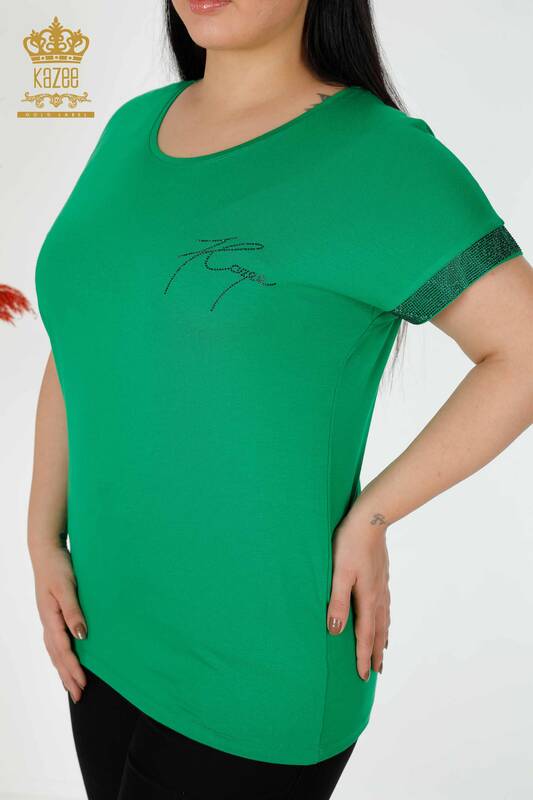 Bluză de damă cu ridicata verde brodat cu piatră - 78918 | KAZEE
