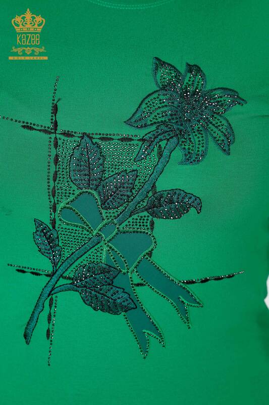 Bluză de damă cu ridicata verde brodat cu piatră - 79011 | KAZEE
