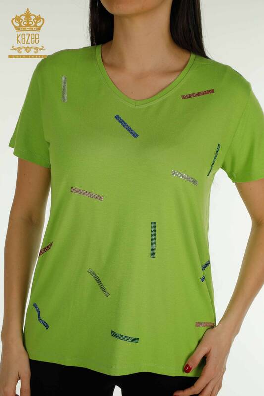 Bluză de damă cu ridicata verde brodat cu piatră - 79365 | KAZEE
