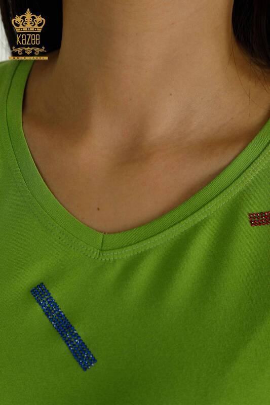 Bluză de damă cu ridicata verde brodat cu piatră - 79365 | KAZEE