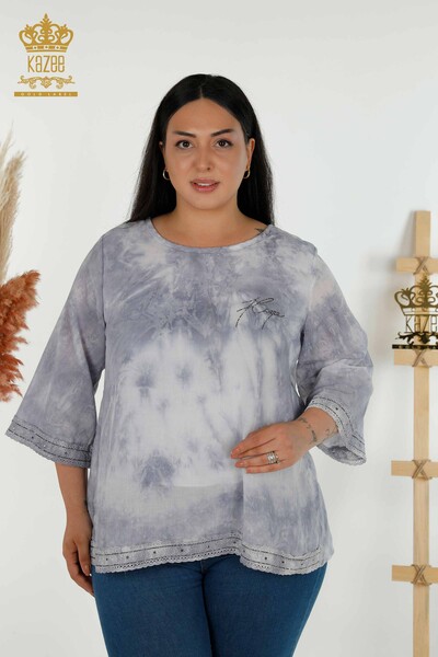 Bluză de damă cu ridicata cu piatră brodata gri - 79175 | KAZEE - Thumbnail