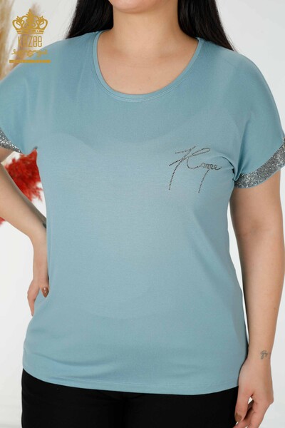 Bluză de damă cu ridicata cu piatră brodata mentă - 78918 | KAZEE - Thumbnail