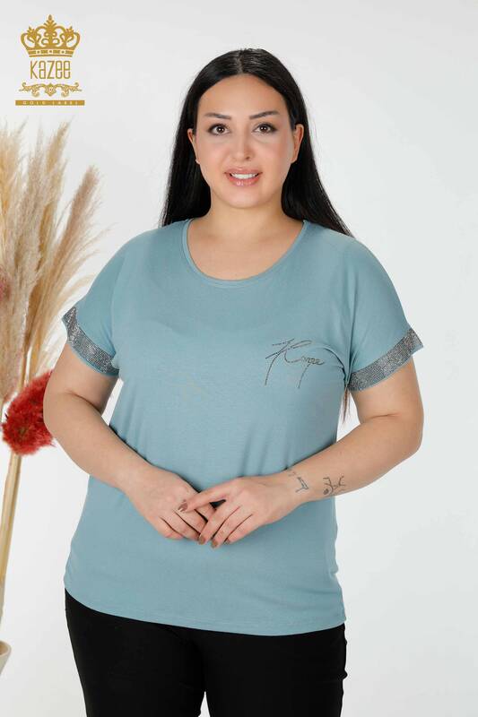 Bluză de damă cu ridicata cu piatră brodata mentă - 78918 | KAZEE