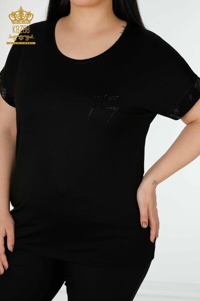 Bluză de damă cu ridicata cu piatră brodata neagră - 78918 | KAZEE - Thumbnail