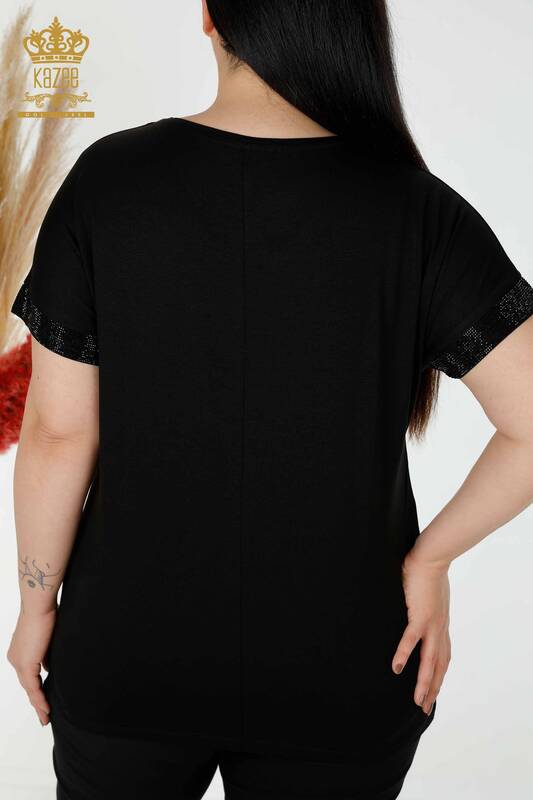 Bluză de damă cu ridicata cu piatră brodata neagră - 78918 | KAZEE