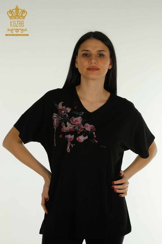 Bluză de damă cu ridicata cu piatră brodata neagră - 79107 | KAZEE