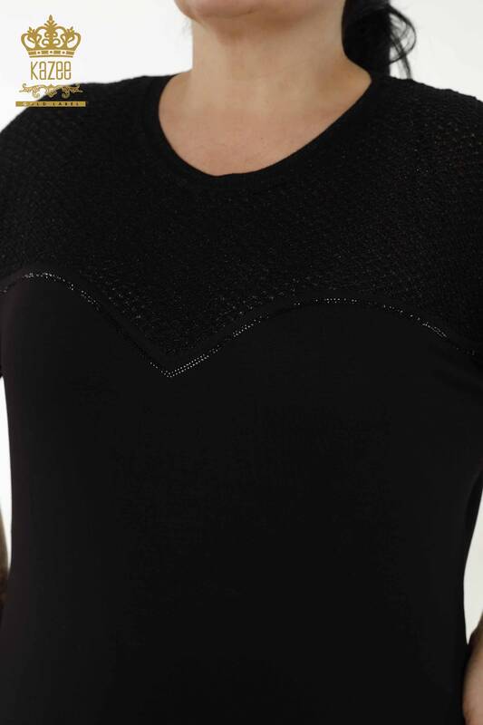 Bluză de damă cu ridicata cu piatră brodata neagră - 79235 | KAZEE