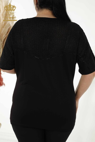 Bluză de damă cu ridicata cu piatră brodata neagră - 79235 | KAZEE - Thumbnail